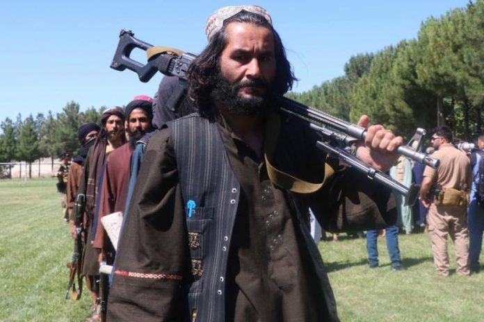 Former Taliban militants surrender their weapons